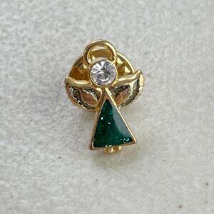 Vintage Small Angel Pin Lapel Pin Tiny Angel Rhinestone Face Gold Metal 1" Pin